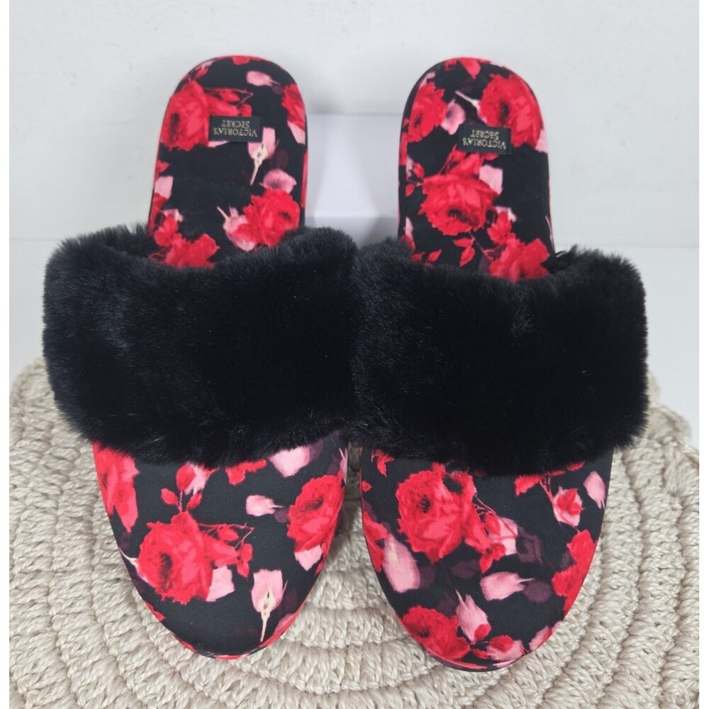 NEW Victoria's Secret Satin Floral House Slippers MEDIUM 7/8 Faux Fur Red Rose